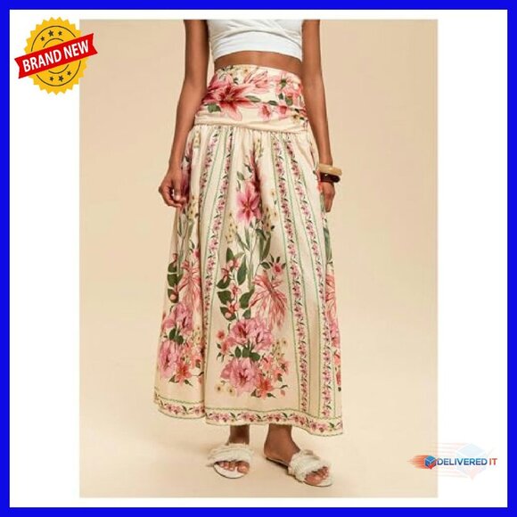 Shirred High Waisted Maxi Skirt A-Line Flowy Long Boho Floral Print - Picture 4 of 7